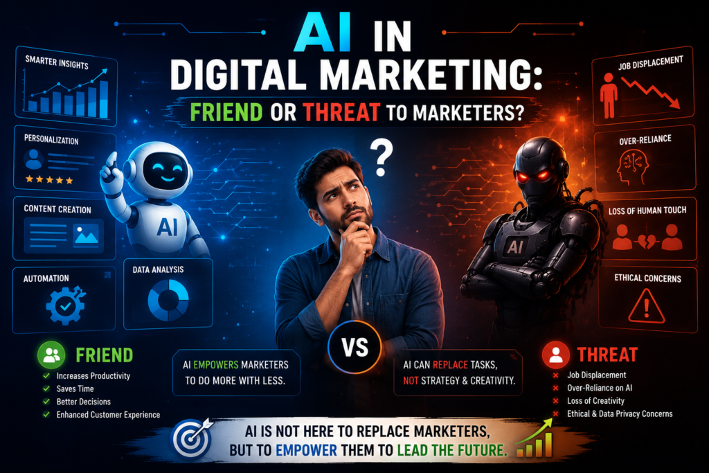 A split-banner illustrating AI in digital marketing as both a helpful assistant and a potential threat, comparing benefits like automation and data analysis with challenges such as job displacement, over-reliance, and ethical concerns.