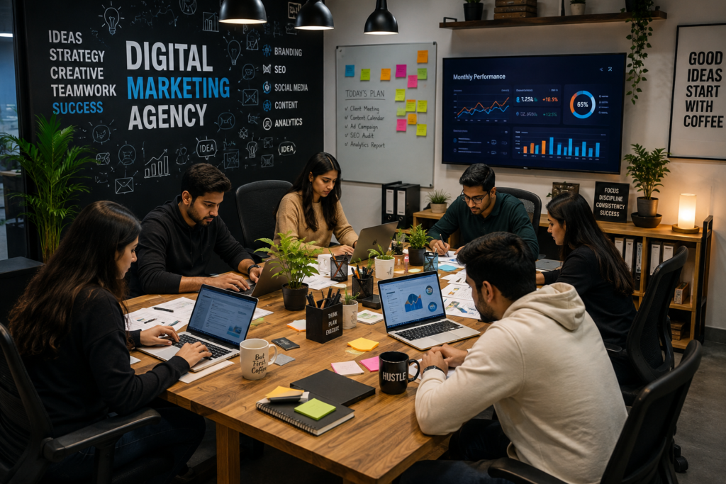 Team of digital marketing professionals working together at a modern agency office around a conference table.